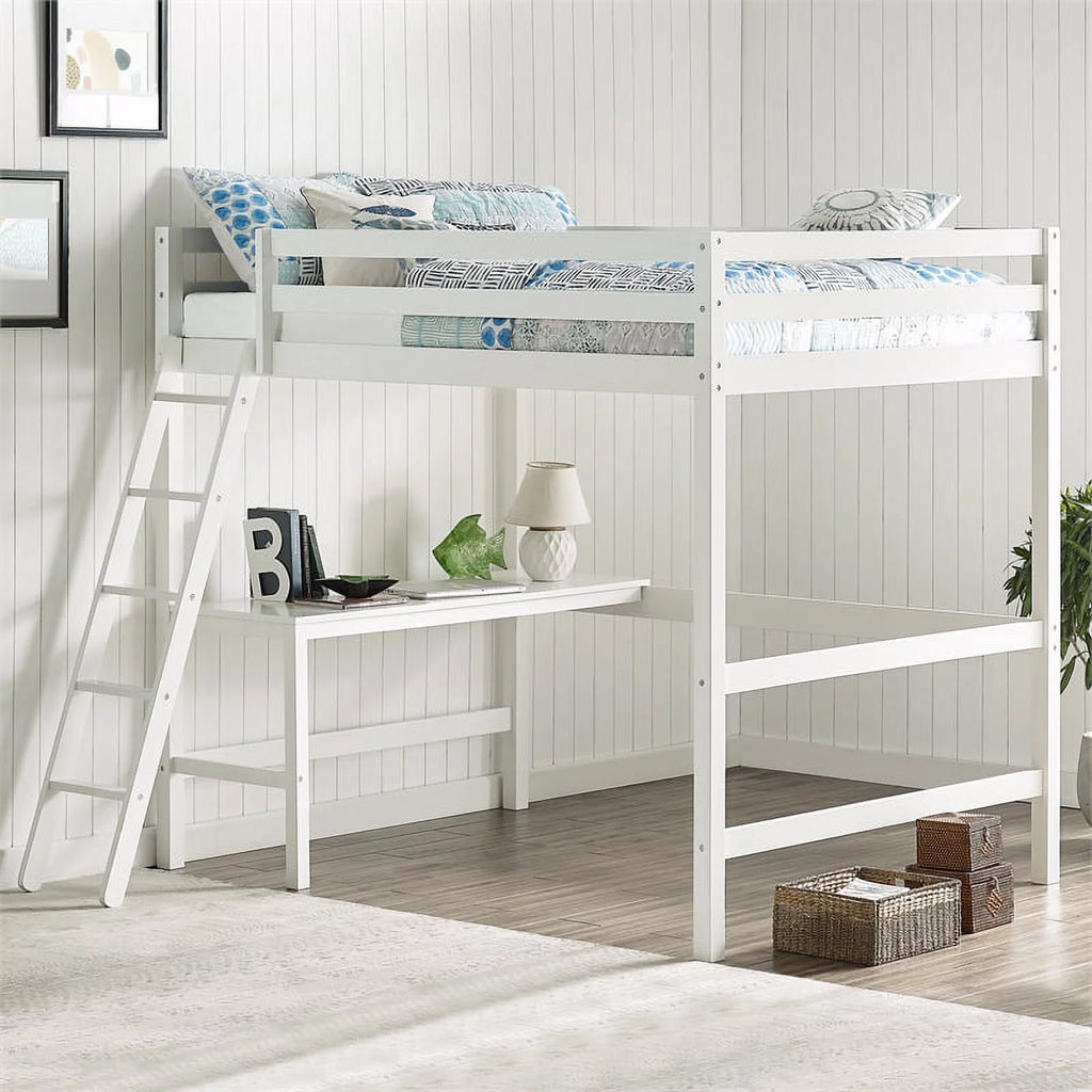 Full Wooden Loft Bed with Desk in White D304