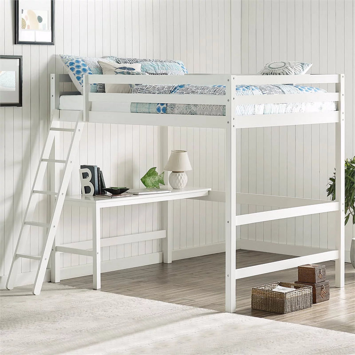 Full Wooden Loft Bed with Desk in White D304