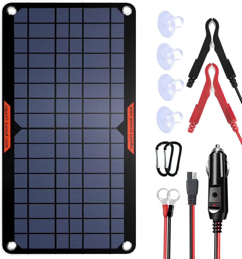 10W 12V Solar Panel Car Battery Charger Portable Waterproof Trickle Charger & Maintainer with Cigarette Lighter Plug & Alligator Clip Pack of 2 X994595