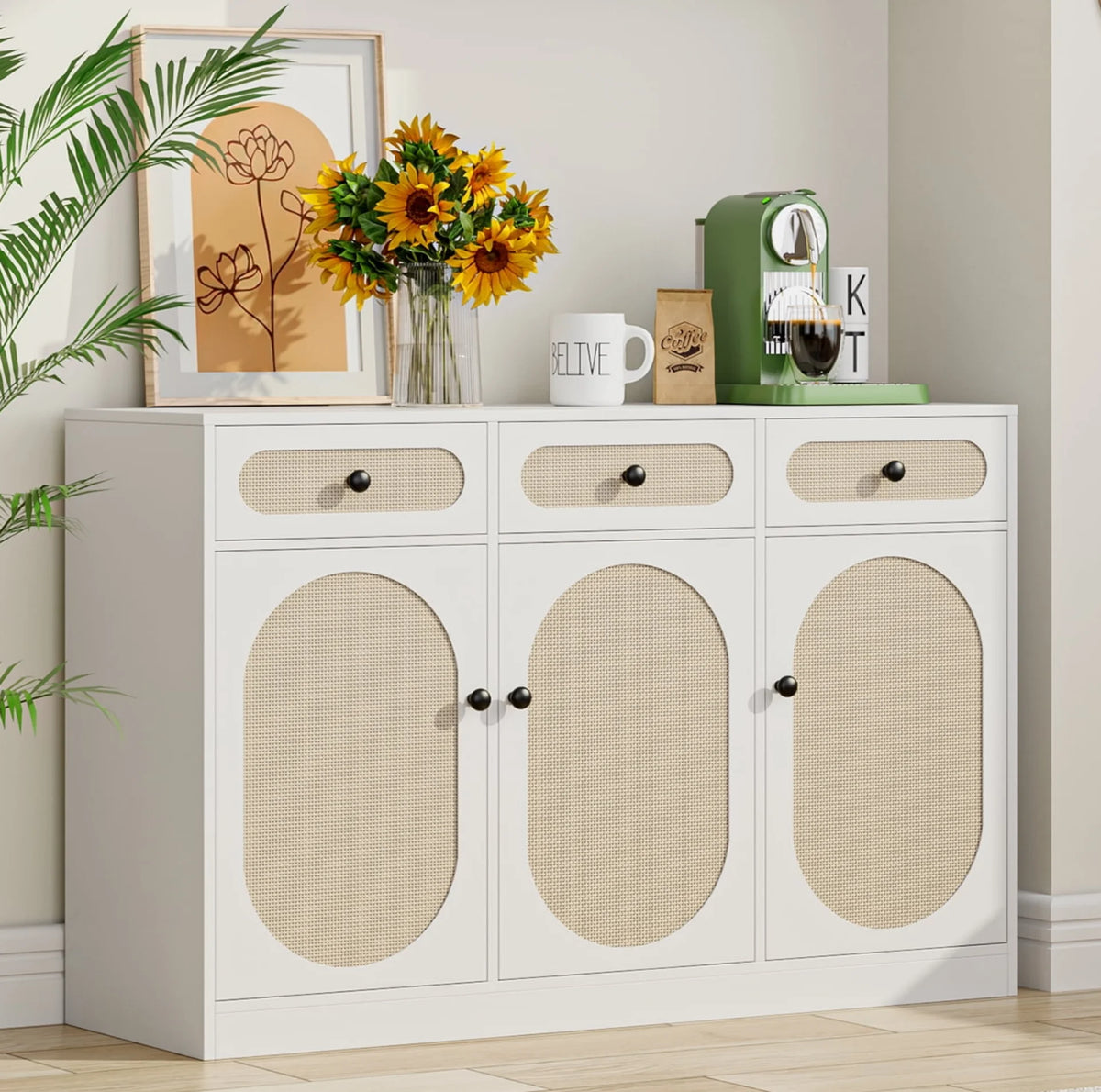 White 3 Door Rattan Wood Buffet Sideboard P1190