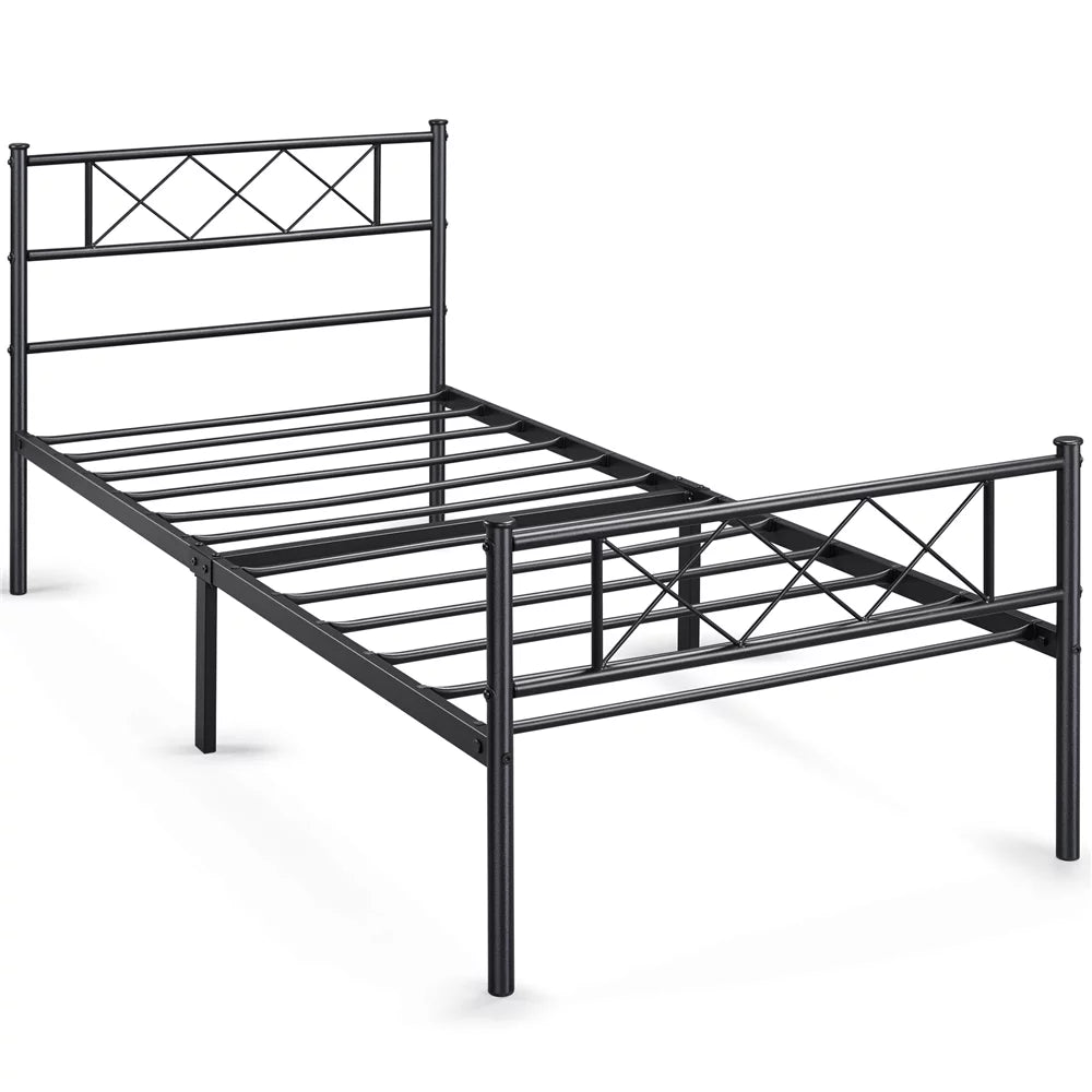 Black Twin Metal Slatted Bed Frame with Headboard Footboard I9013