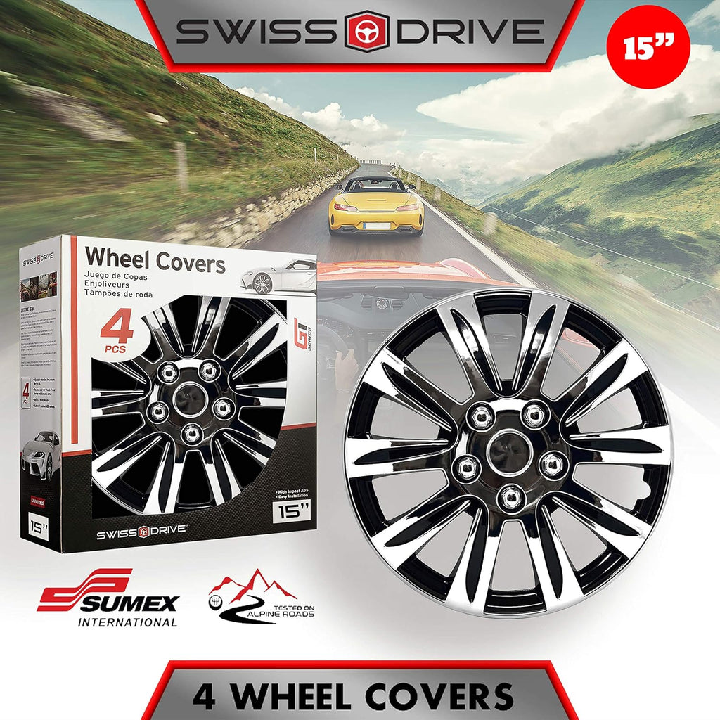Chrome and Black 15-Inch Set of 4 Car Wheel Hubcaps C353577
