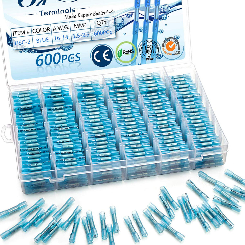 600PCS Heat Shrink Butt Connectors 16-14 AWG Waterproof Insulated Crimp Terminals (Blue) Pack of 2 B778