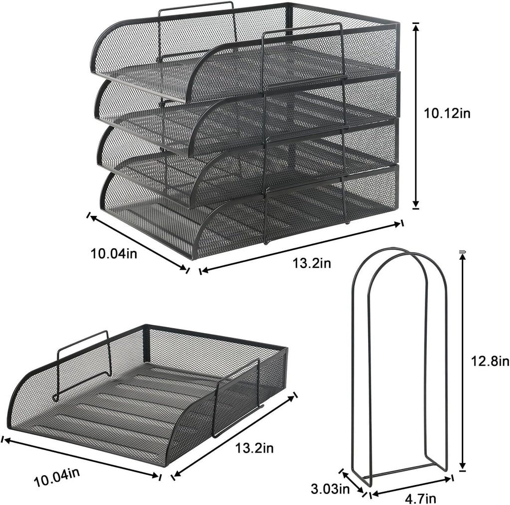 Black 4 Tier Stackable Mesh Desk Organizer with File Holder P176