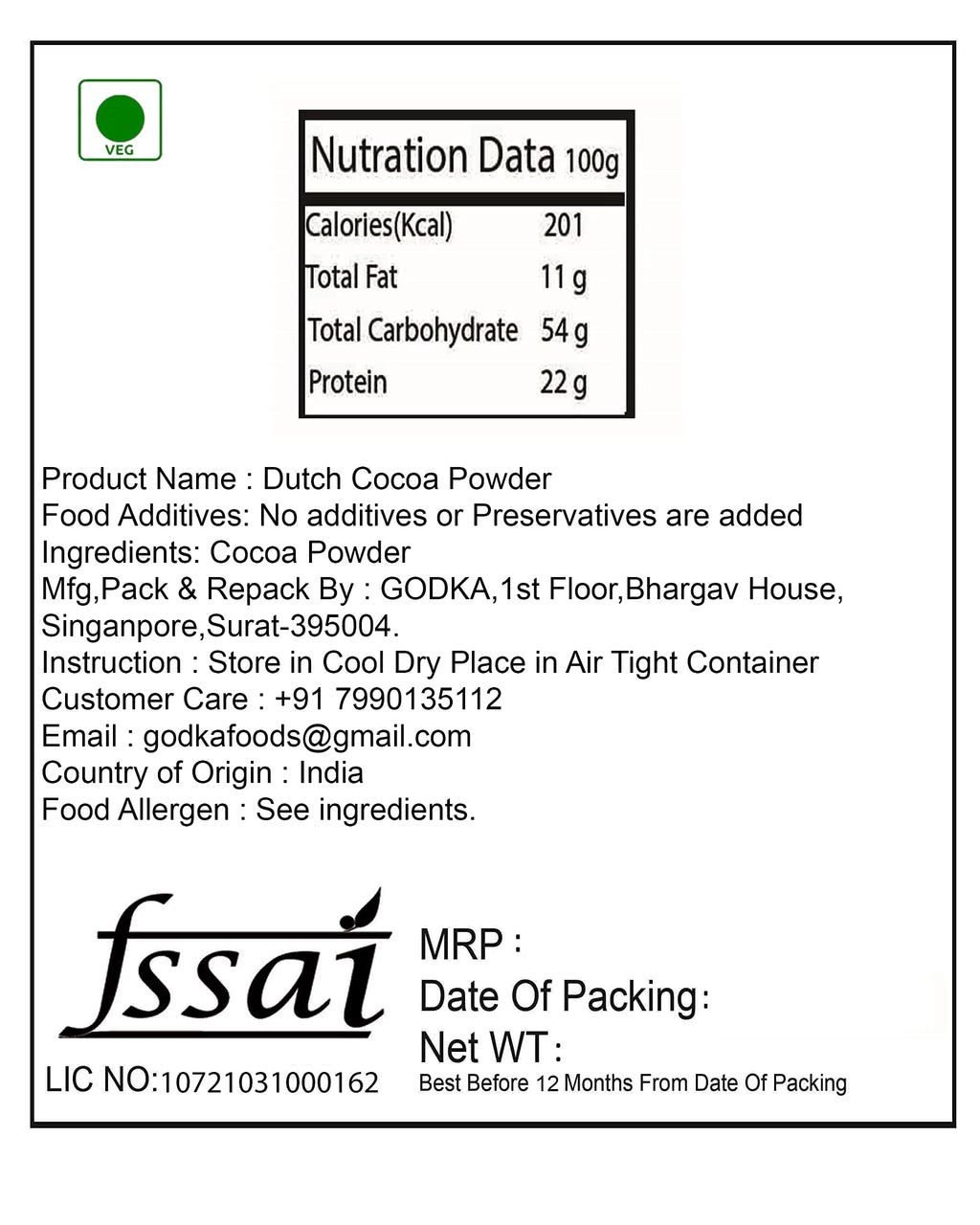 Dutch Cocoa Powder 900G D2023