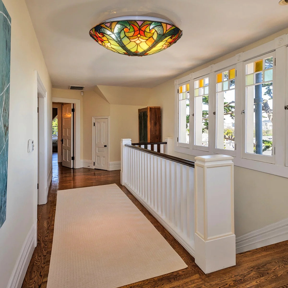 Flush Mount Ceiling Light LED Ceiling Lamp with Tiffany Glass Shade, 3 Light Pendant Light 16" O42051