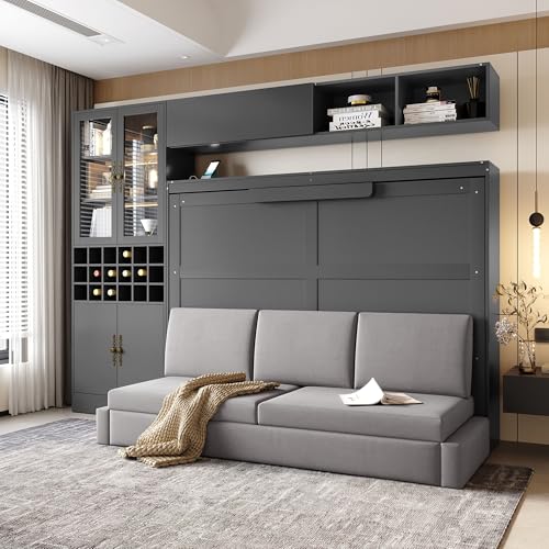 Queen Murphy Bed with Couch and Storage Shelves, Charging Station, LED Light, Wood Foldable Wall Bed Cabinet with Sofa and Storage Cabinet, Bookcase, Wine Rack (White) C139