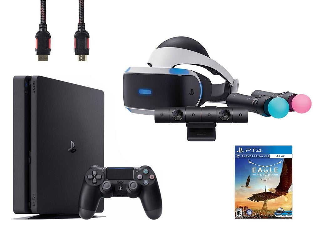 VR Headset, Move Controller, Camera Motion Sensor, PS4 Slim 1TB Console Jet Black, VR Game Disc F161236