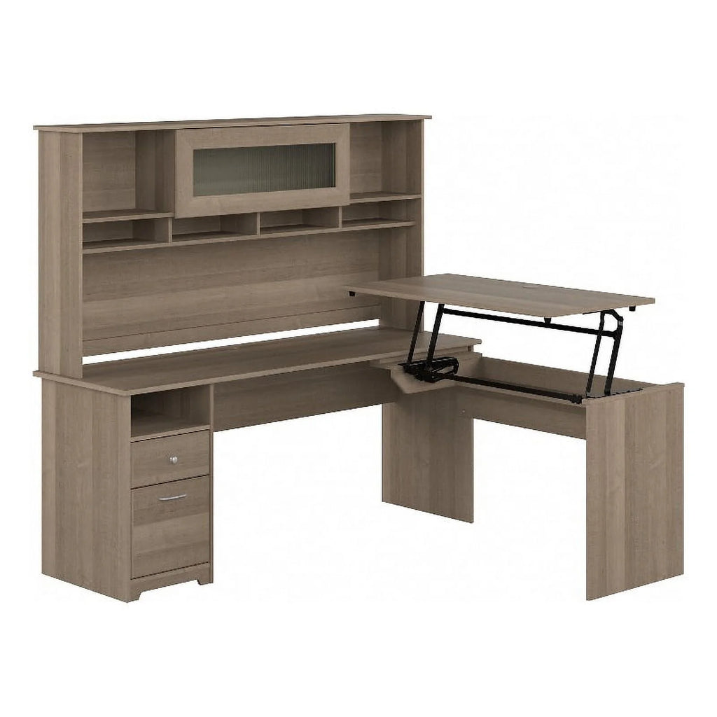 72W Sit to Stand L Desk with Hutch in Ash Gray Engineered Wood W94103