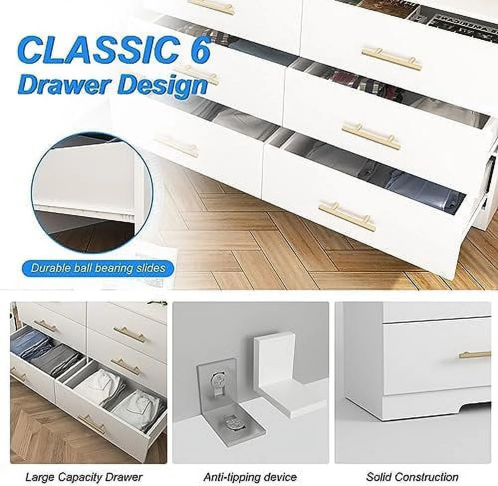 White 6 Drawer Wood Dresser with LED Light B984