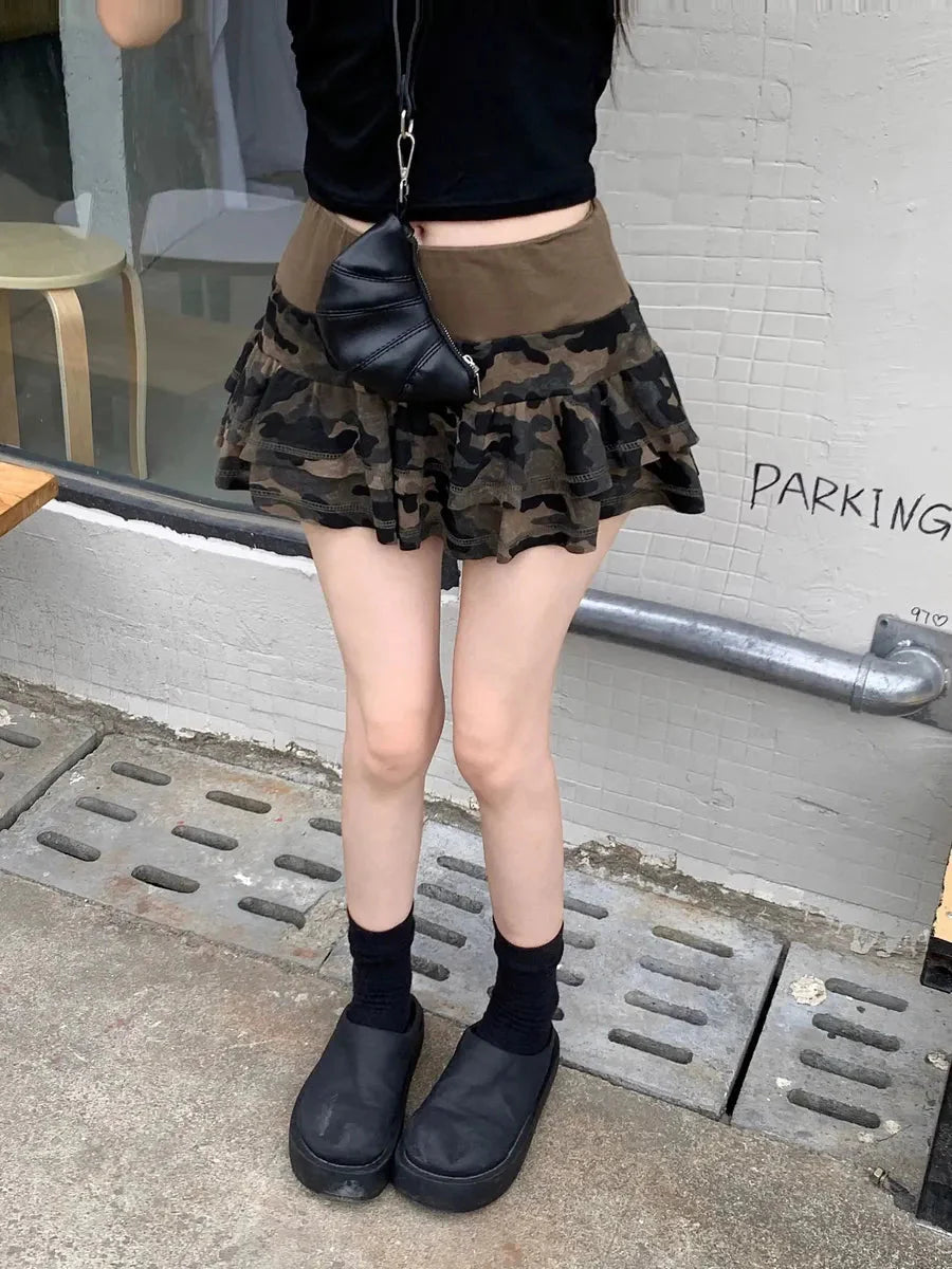 Camouflage Ruffle Mini Skirt V6748