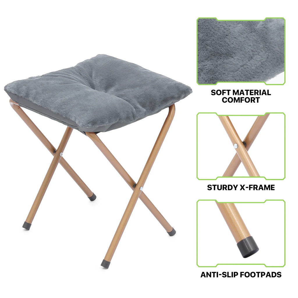 Gray Faux Fur Folding Saucer Chair and Footrest Stool Set U84126