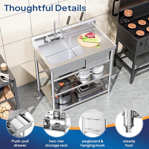 Stainless Steel Freestanding Utility Sink with Workbench Drawer G67978