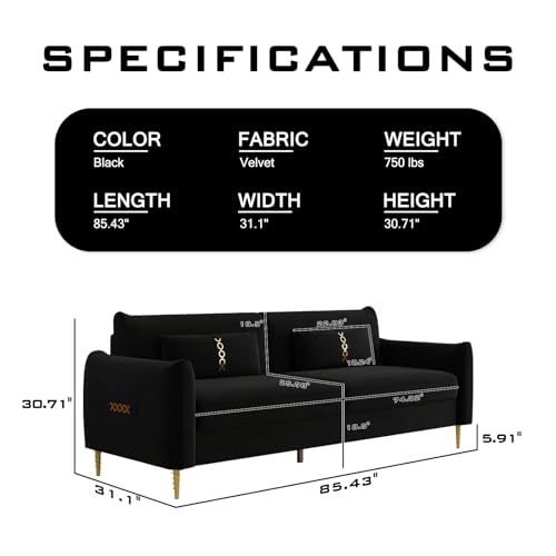 85 in 3-Seat Velvet Couch with Solid Wood Frame, 2 Pillows, Gold Legs F8456