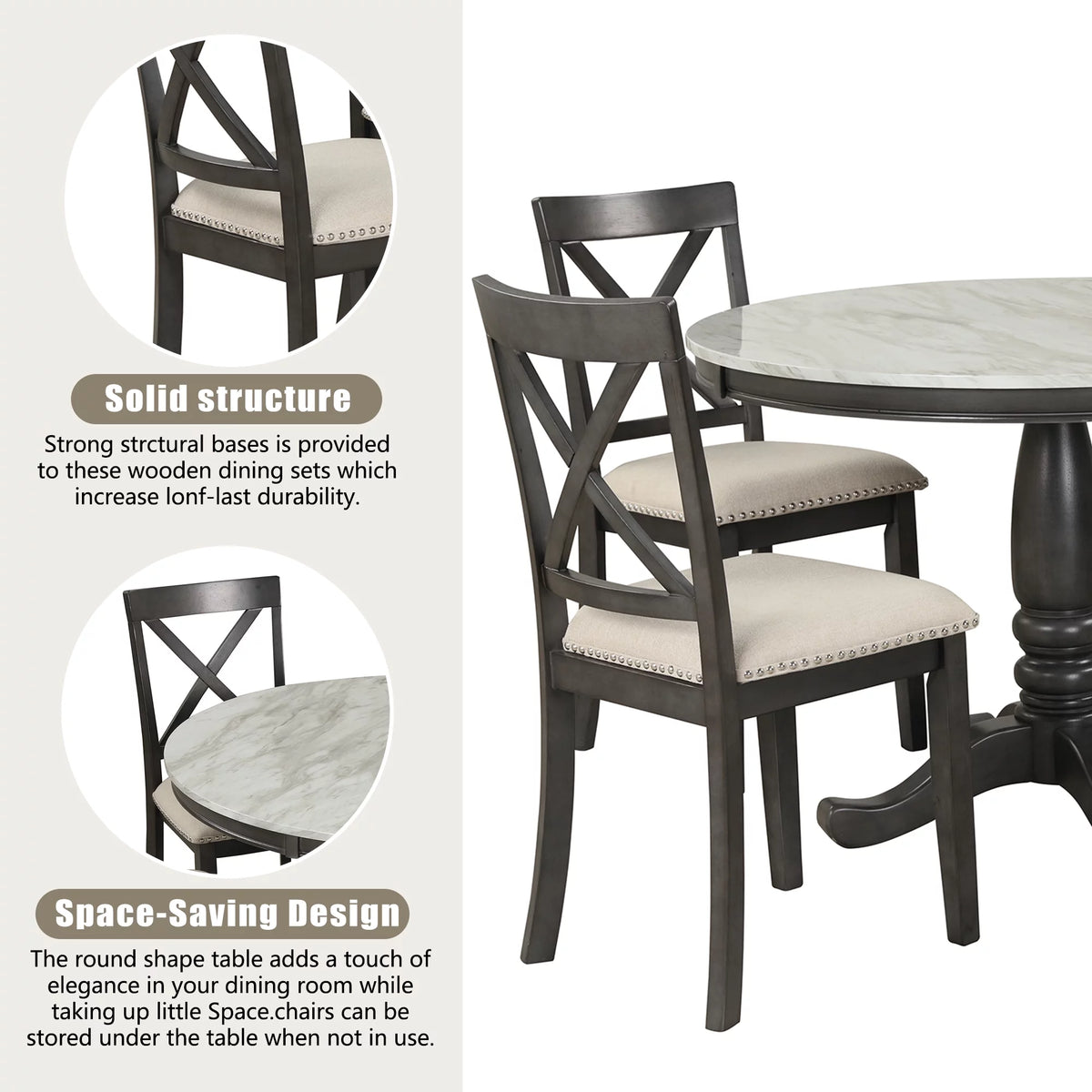5 Piece Solid Wood Dining Room Set with 4 Chairs Y4328