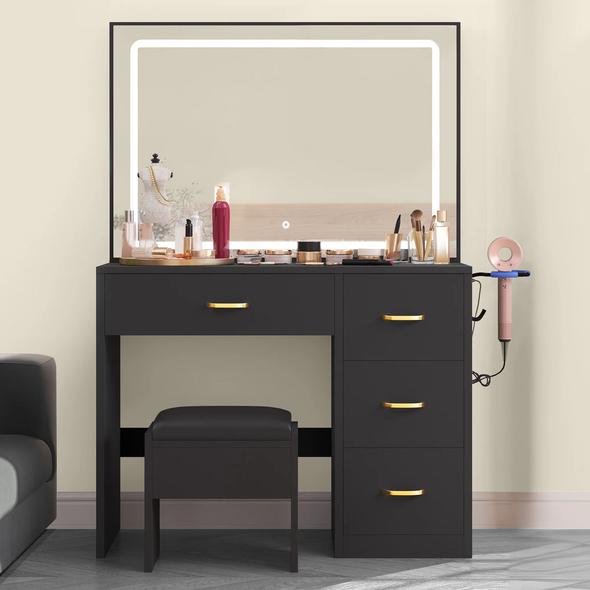 Charcoal Black Makeup Vanity Table with Mirror and LED Lights N536994