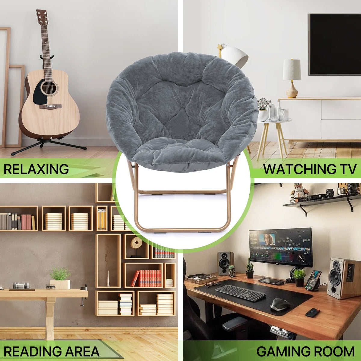 Gray Faux Fur Folding Saucer Chair and Footrest Stool Set U84126