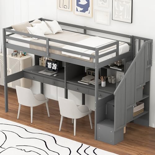 Gray Full Size Wood Loft Bed with Desk, Wardrobe and Three Storage Drawers W1922