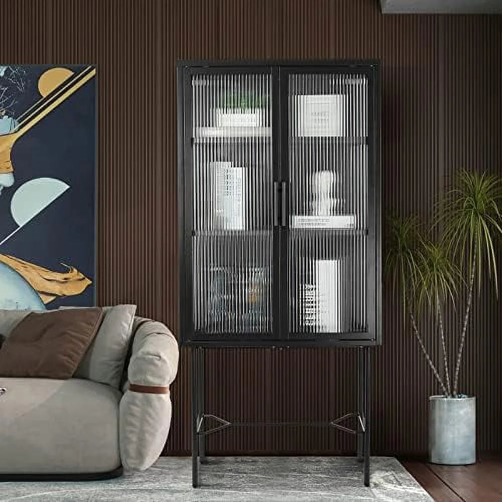Tall Cabinet with 2 Fluted Glass Doors and 2-Tier Adjustable Shelves Black U143