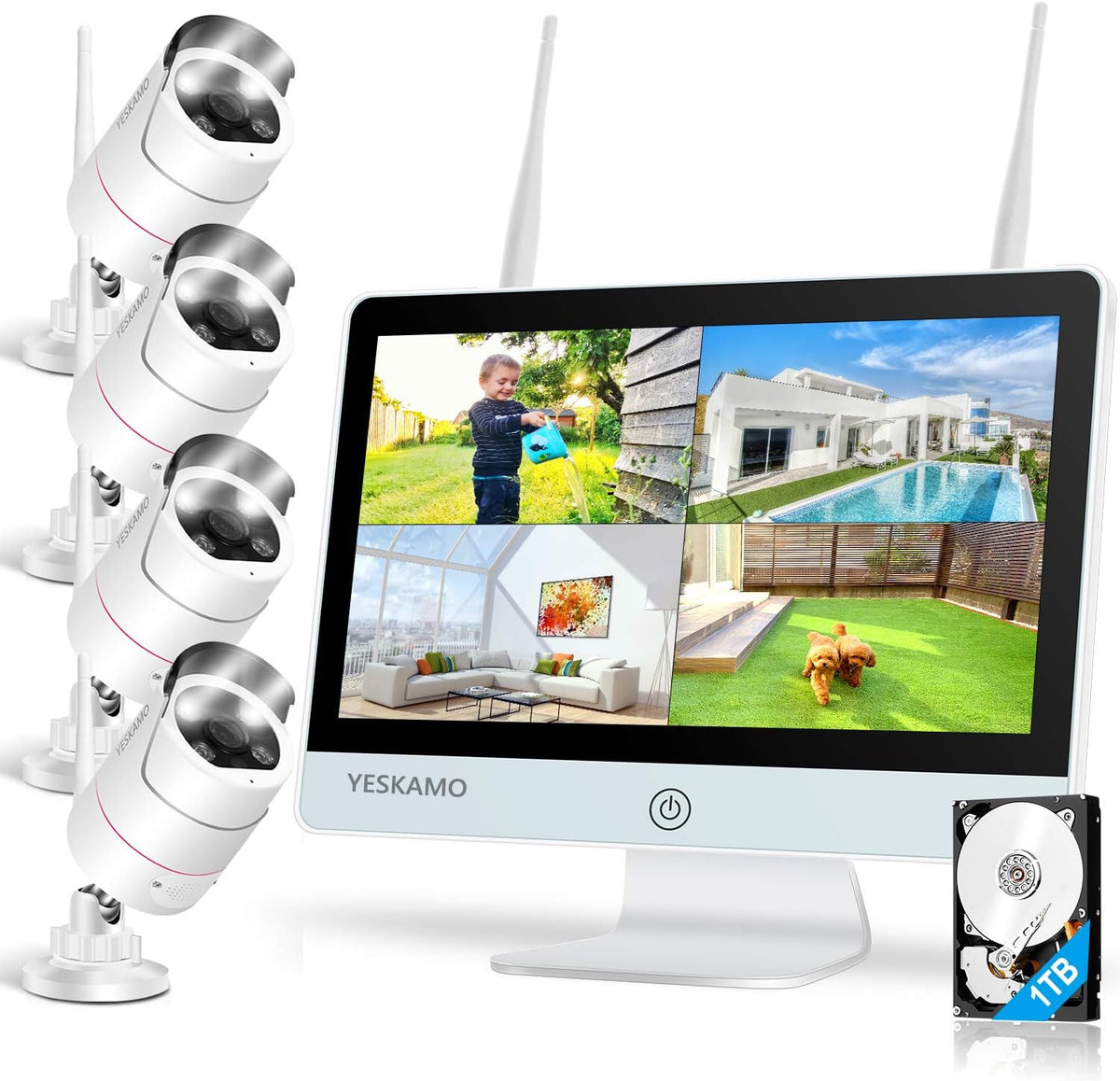 Wireless Security Camera System with 12'' Monitor 3MP WiFi IP Cameras 1TB Hard Drive D2307