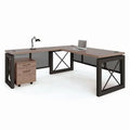 60"W x 32"D LShaped Desk with Pedestal Weathered Walnut Laminate Top/Black Accents Q59268