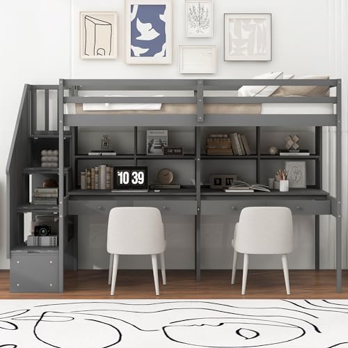 Gray Full Size Wood Loft Bed with Desk, Wardrobe and Three Storage Drawers W1922