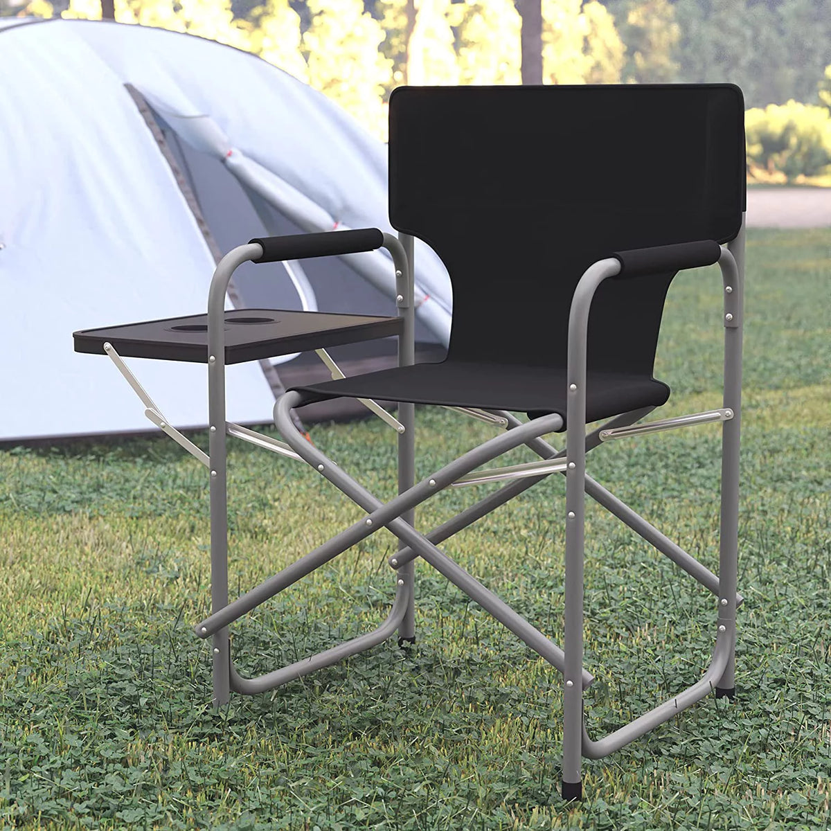 Black Folding Camping Chair with Side Table and Cup Holder X836826