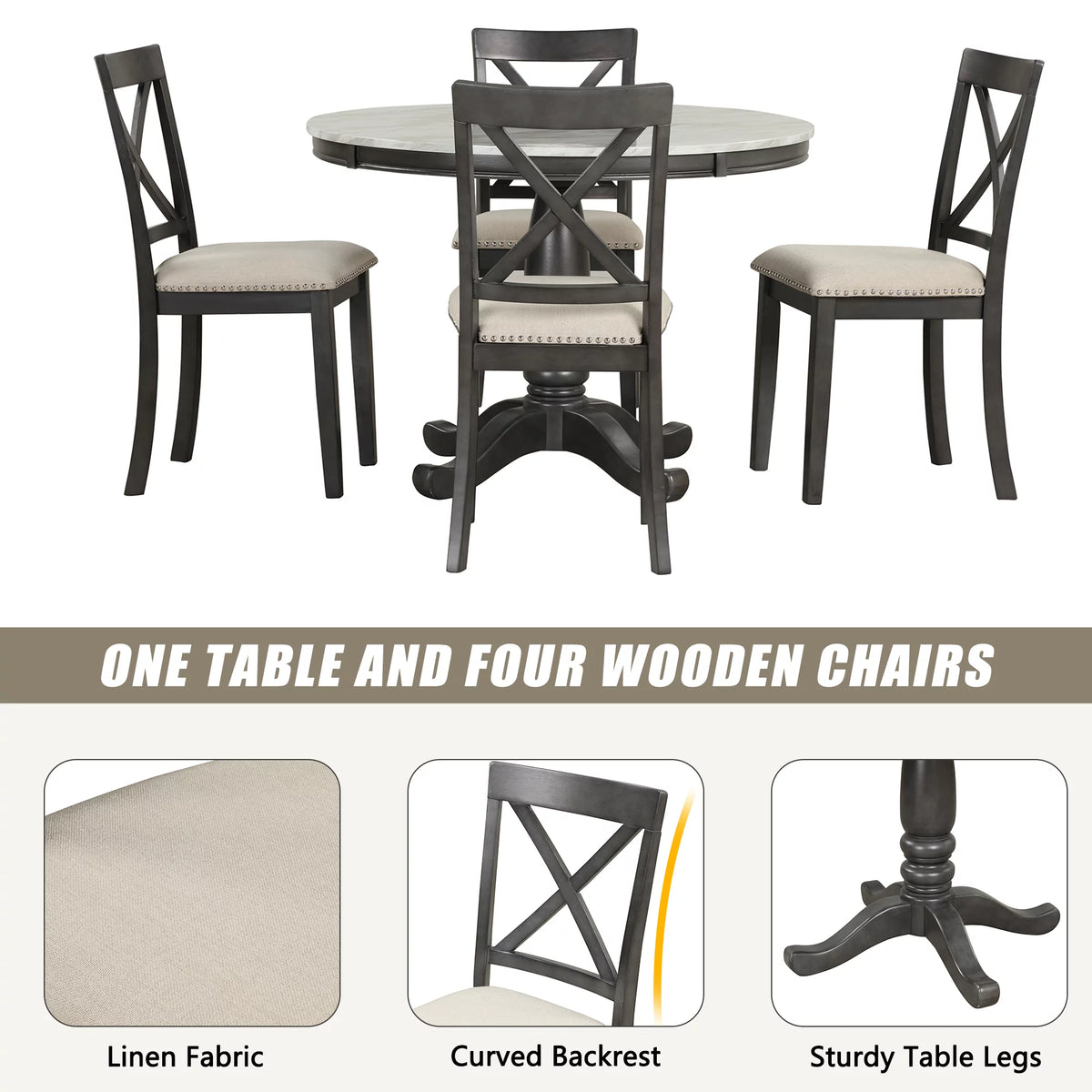 5 Piece Solid Wood Dining Room Set with 4 Chairs Y4328