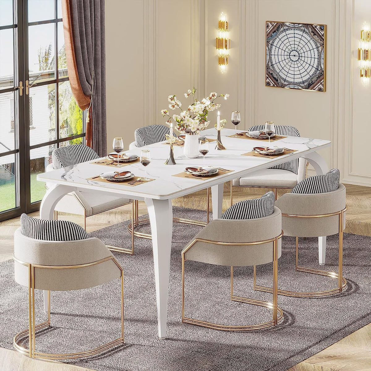 63" Sintered Stone White Marble Dining Table C407255
