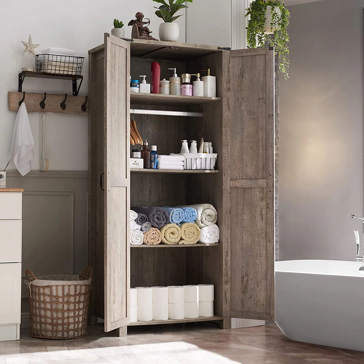 Light Rustic Oak Storage Pantry Cabinet with 2 Doors and Adjustable Shelves O2359