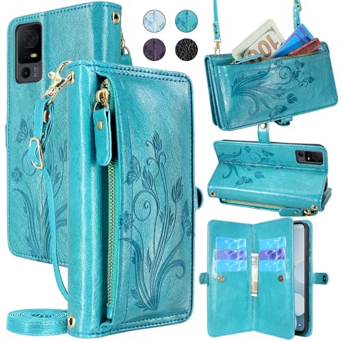 Floral Dark Purple Leather Flip Cover Phone Case with Card Holder Zipper Wrist Strap Z4155
