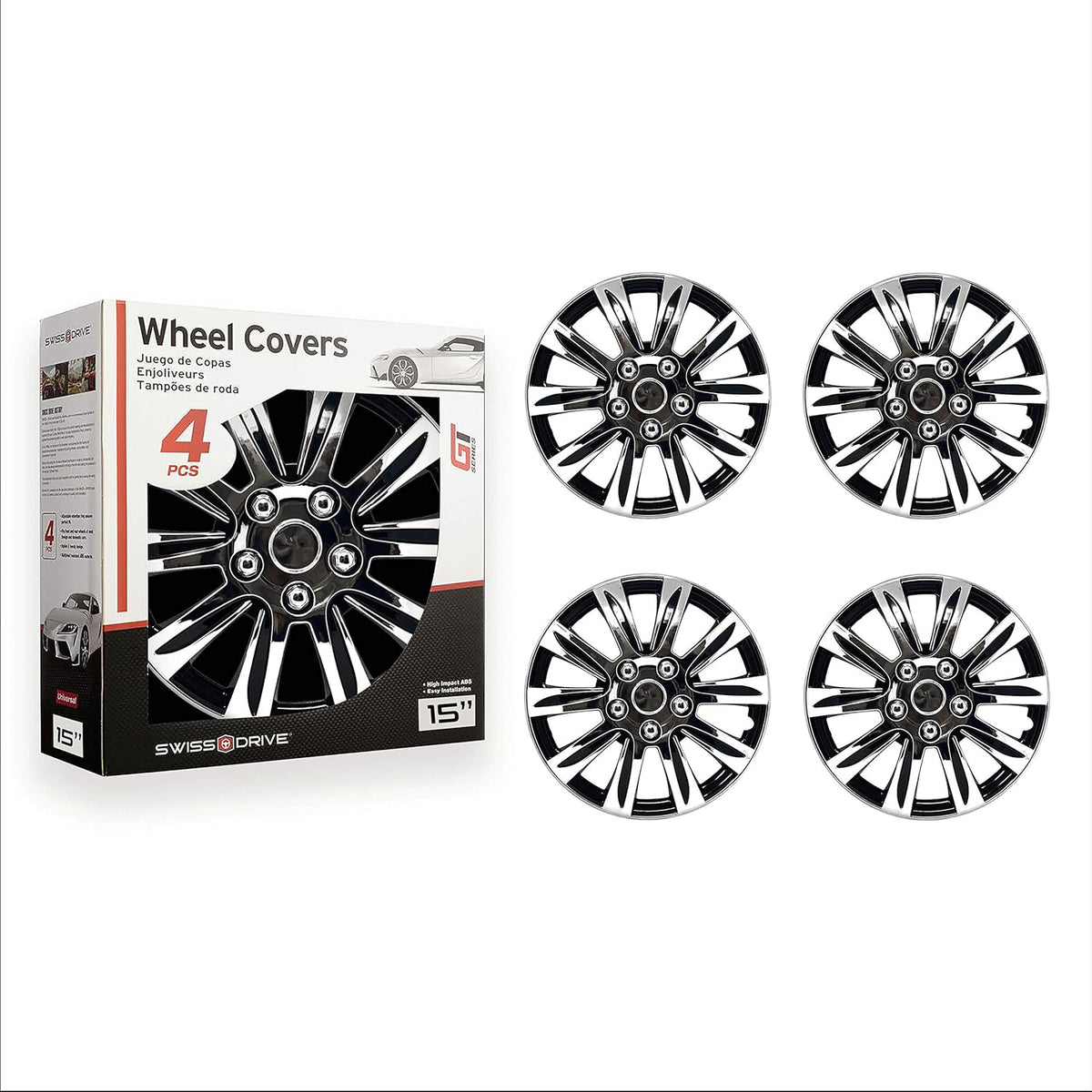 Chrome and Black 15-Inch Set of 4 Car Wheel Hubcaps C353577