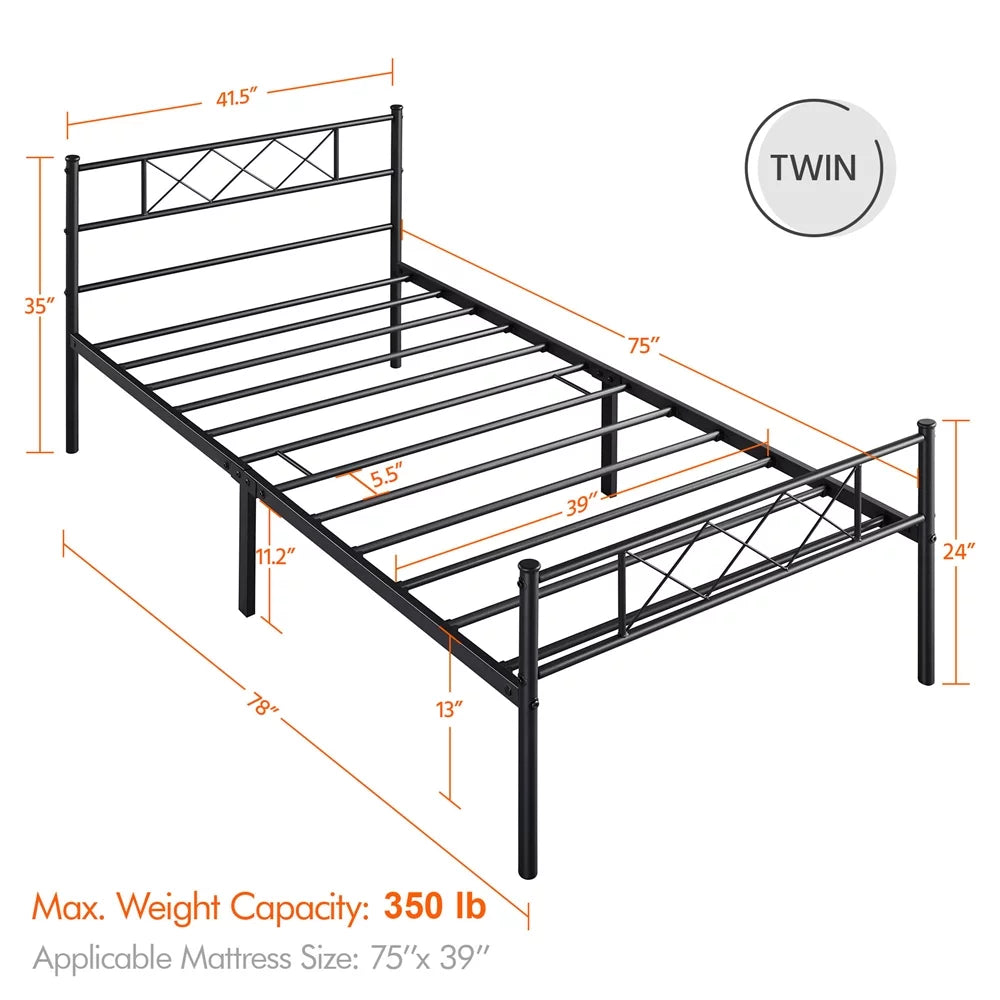 Black Twin Metal Slatted Bed Frame with Headboard Footboard I9013