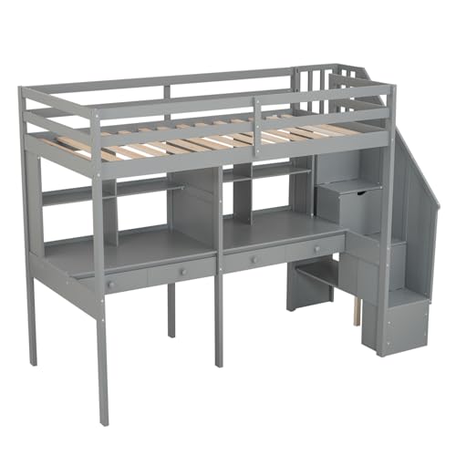 Gray Full Size Wood Loft Bed with Desk, Wardrobe and Three Storage Drawers W1922