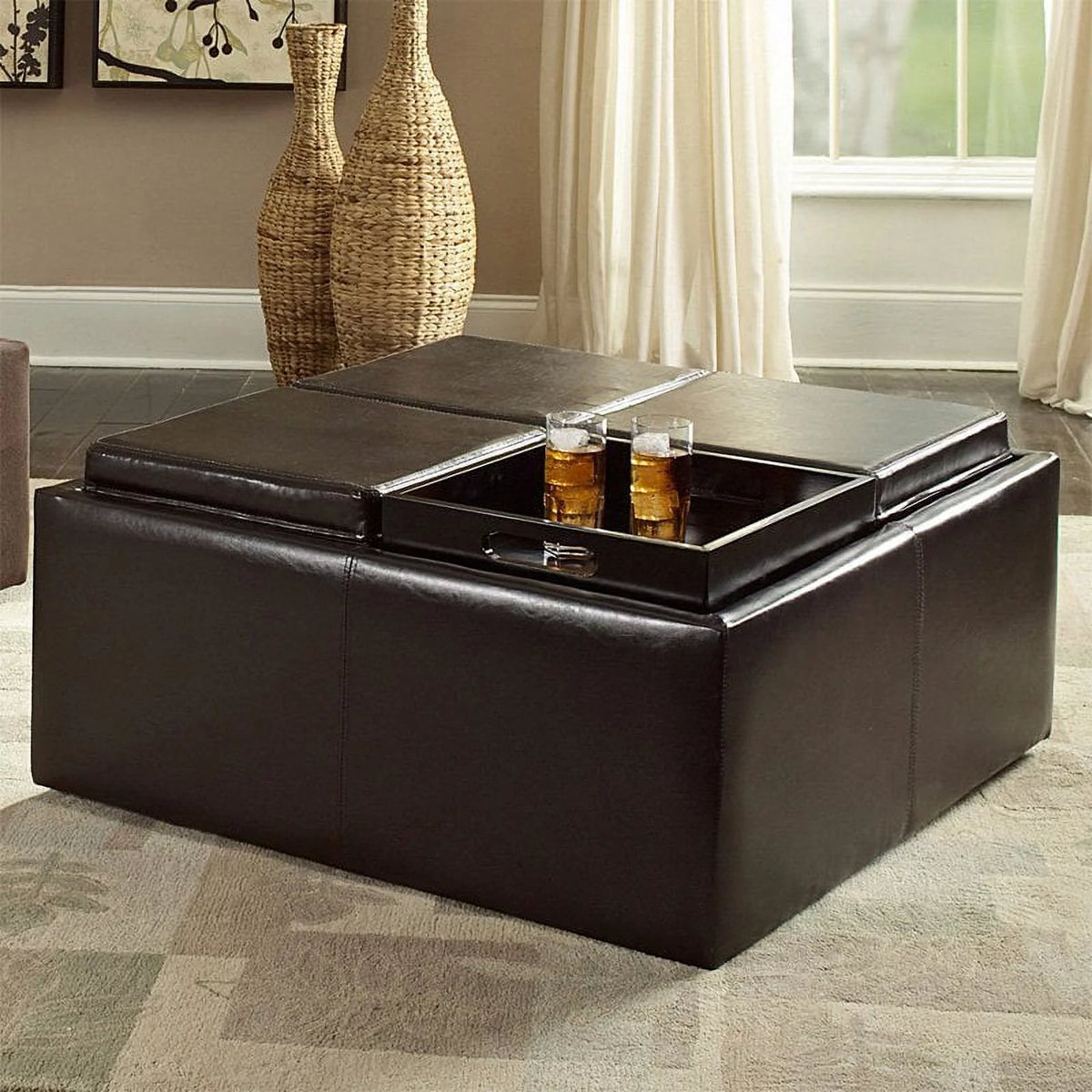 Dark Brown Faux Leather Storage Ottoman with 4 Trays P387459
