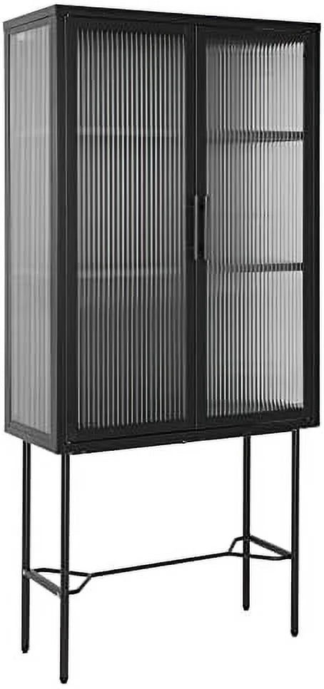 Tall Cabinet with 2 Fluted Glass Doors and 2-Tier Adjustable Shelves Black U143