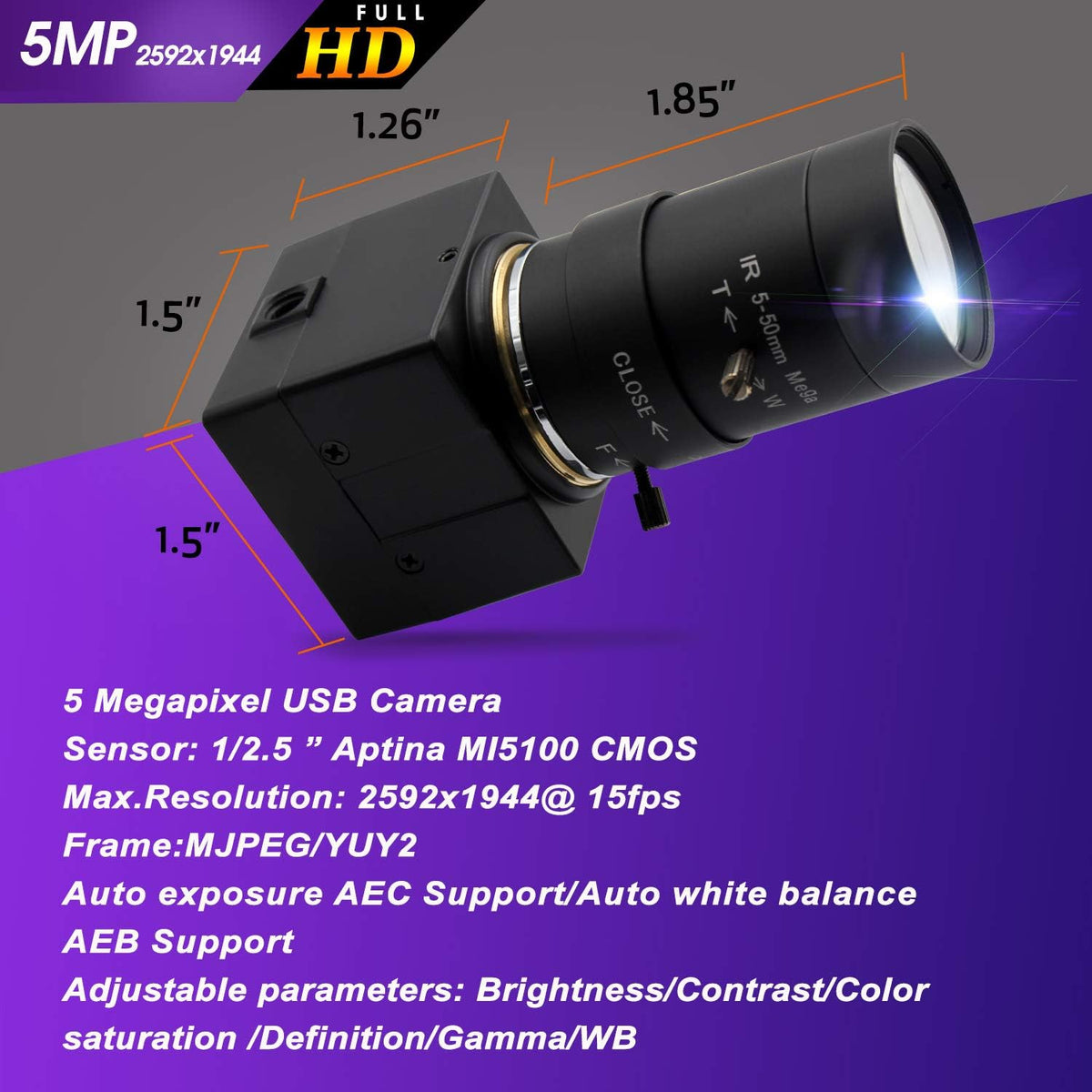 5-50mm Varifocal Lens USB Webcam 5 Megapixel with Aluminum Mini Case N618166