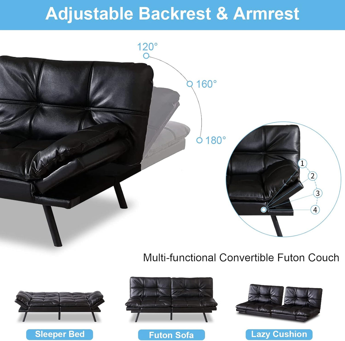 Black Faux Leather Memory Foam Convertible Futon Sofa Bed M819
