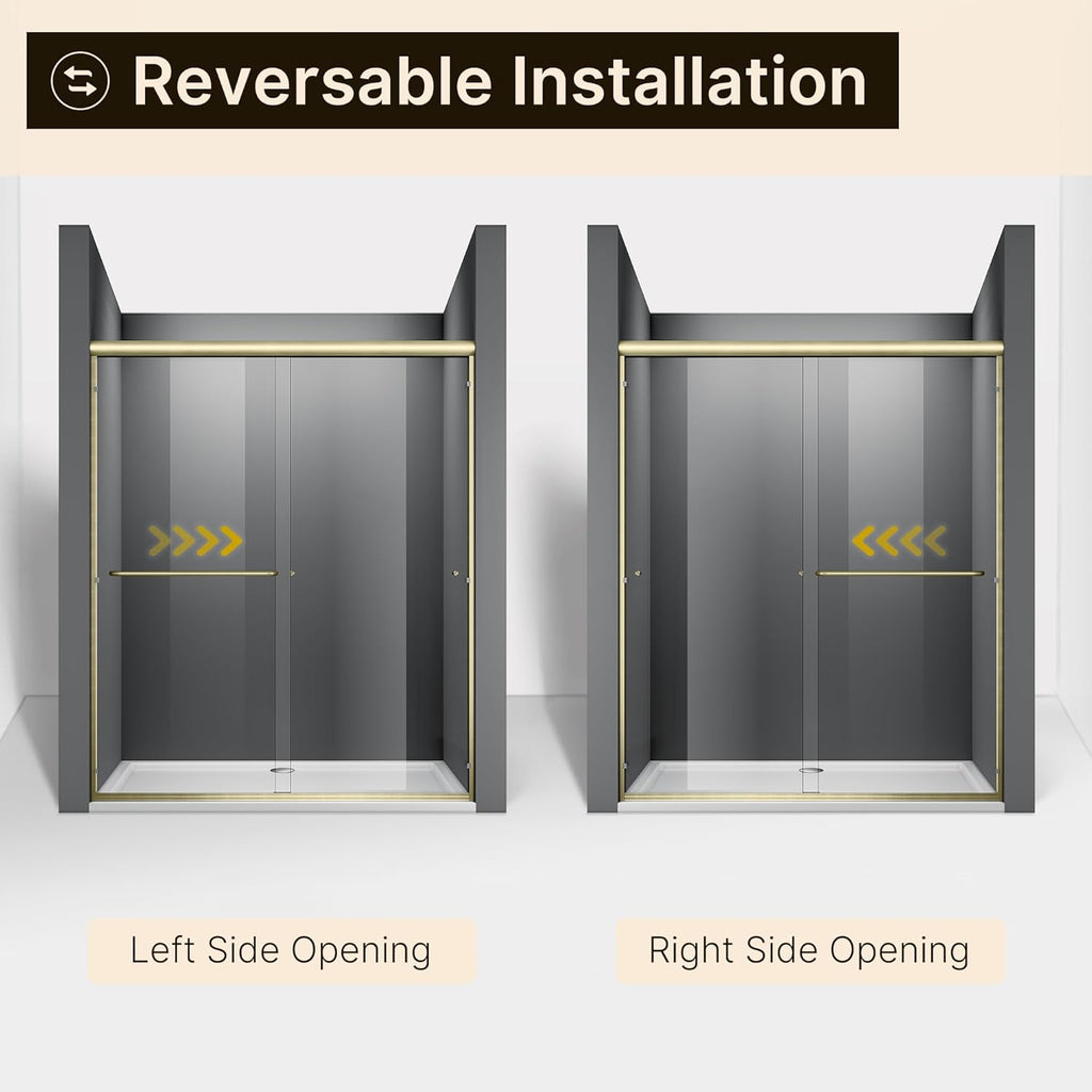 60 in. W x 72 in. H Double Sliding Semi-Frameless Shower Door, 1/4" Clear Tempered Glass, Brushed Gold Finish G62063