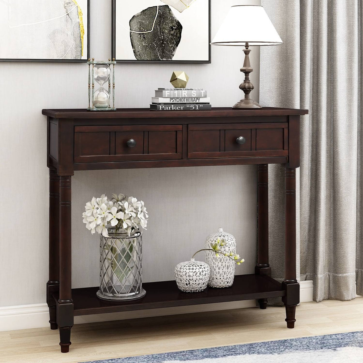 Espresso Two Drawer Console Table with Bottom Shelf J24843