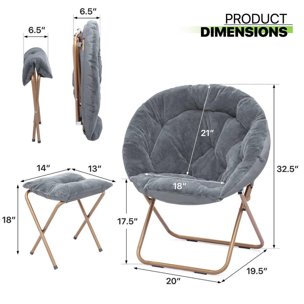 Gray Faux Fur Folding Saucer Chair and Footrest Stool Set U84126