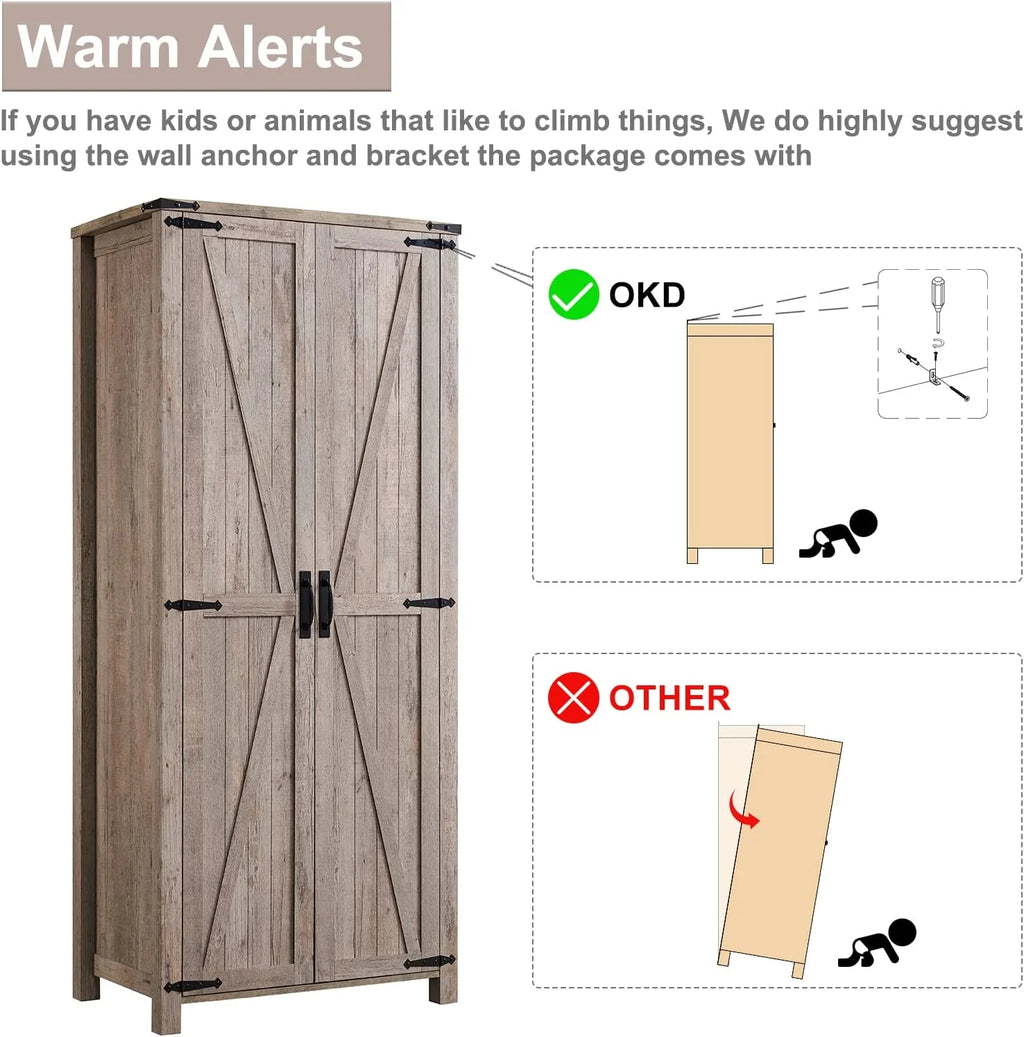 Light Rustic Oak Storage Pantry Cabinet with 2 Doors and Adjustable Shelves O2359