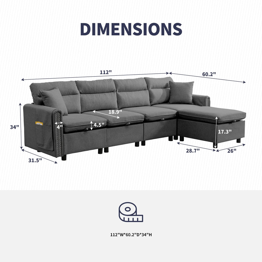 Dark Grey L-Shaped Sectional Sofa with Storage Seat T381