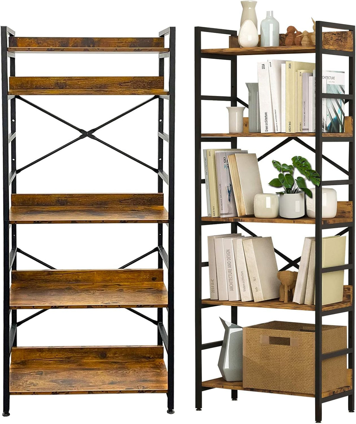 Industrial Bookshelf 4 Tier Tall Bookcase with Adjustable Shelf Metal Frame Steel Wood Rustic Brown Q90591