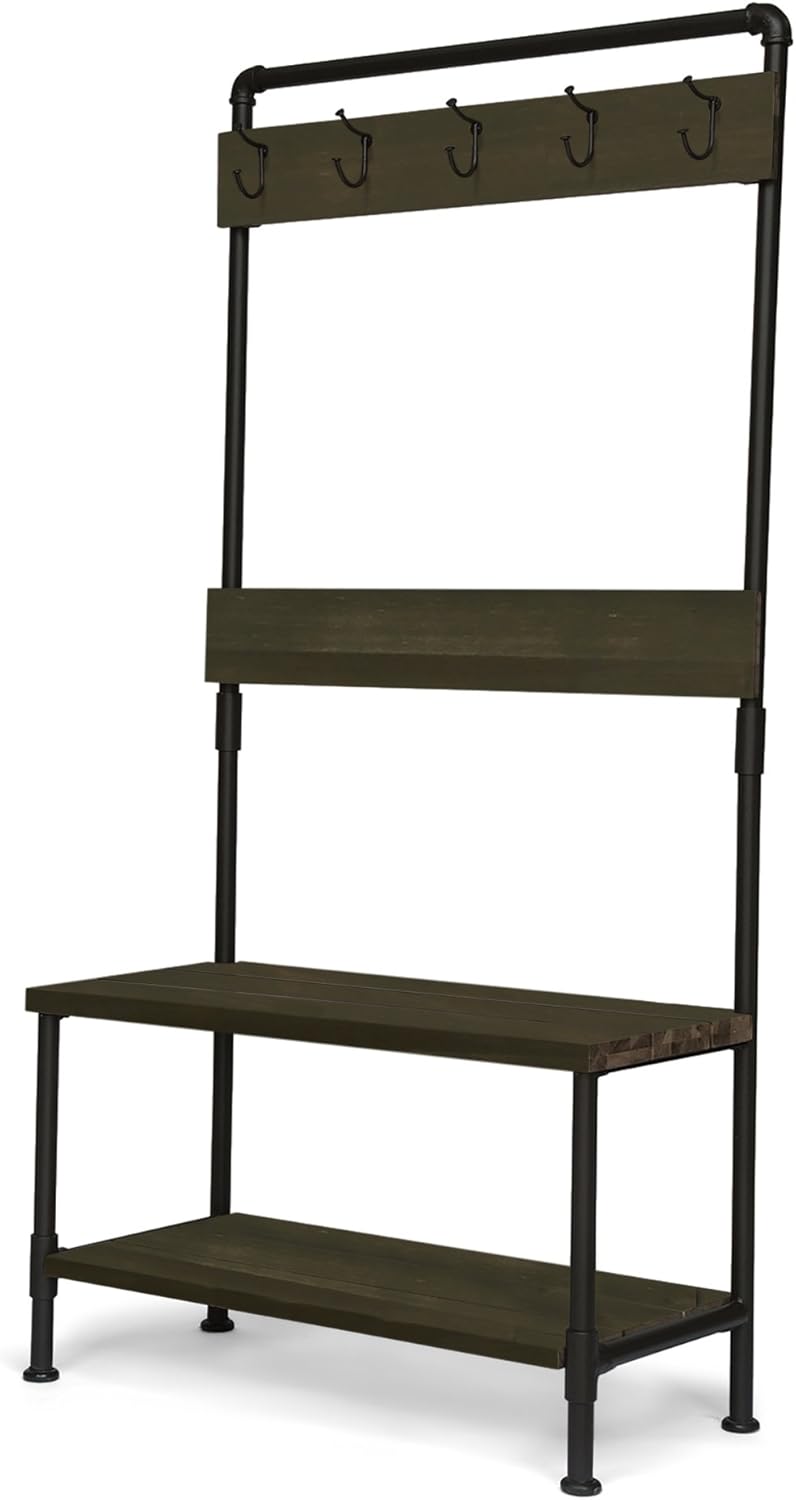 Acacia Wood Bench with Shelf and Coat Hooks A638258