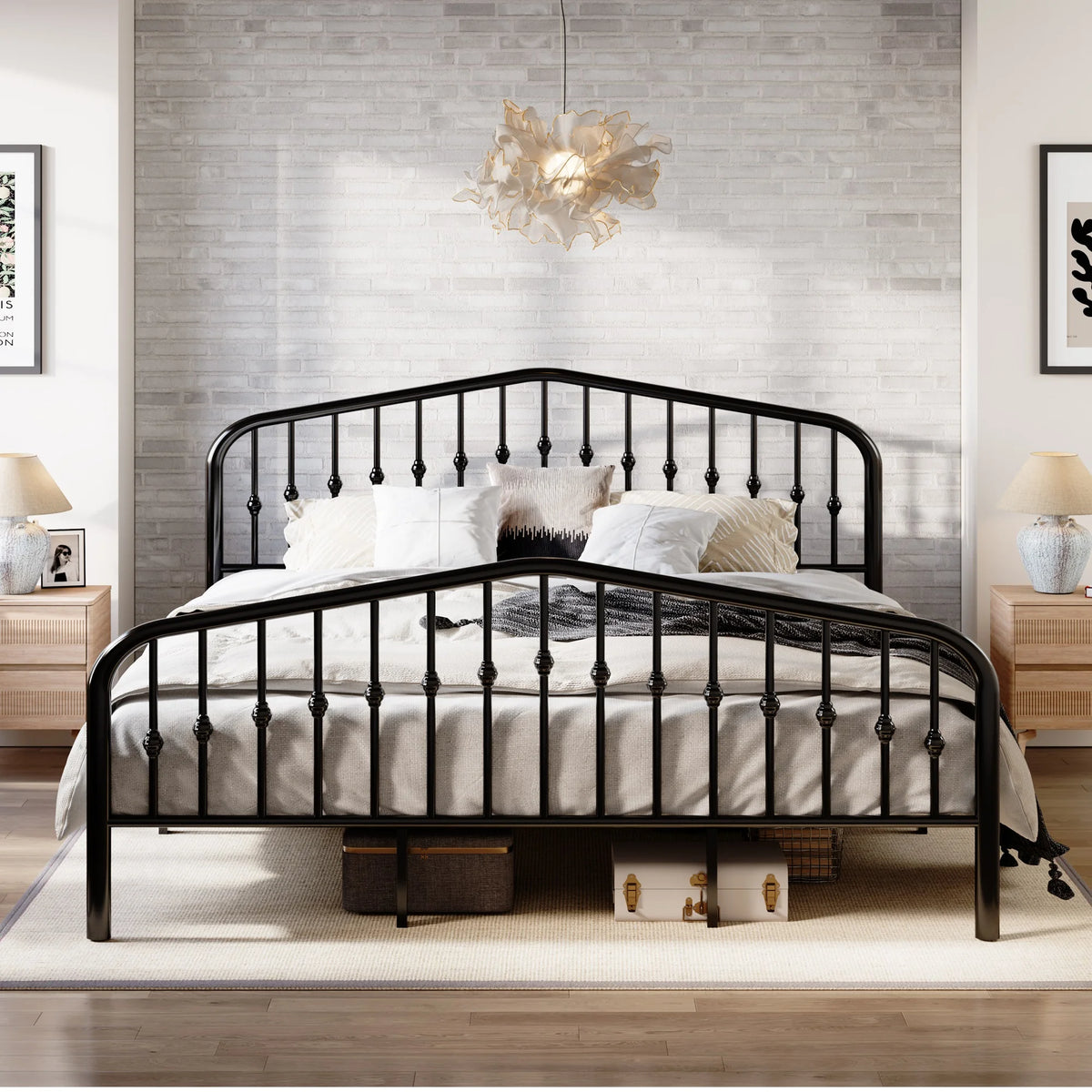 Queen Size Black Metal Platform Bed Frame with Headboard & Footboard K167