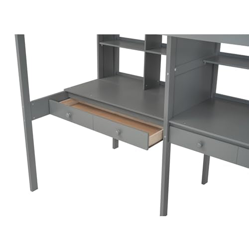Gray Full Size Wood Loft Bed with Desk, Wardrobe and Three Storage Drawers W1922