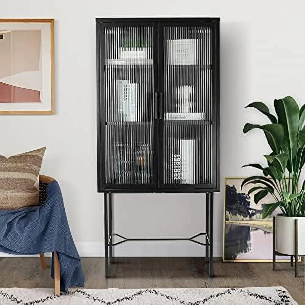 Tall Cabinet with 2 Fluted Glass Doors and 2-Tier Adjustable Shelves Black U143
