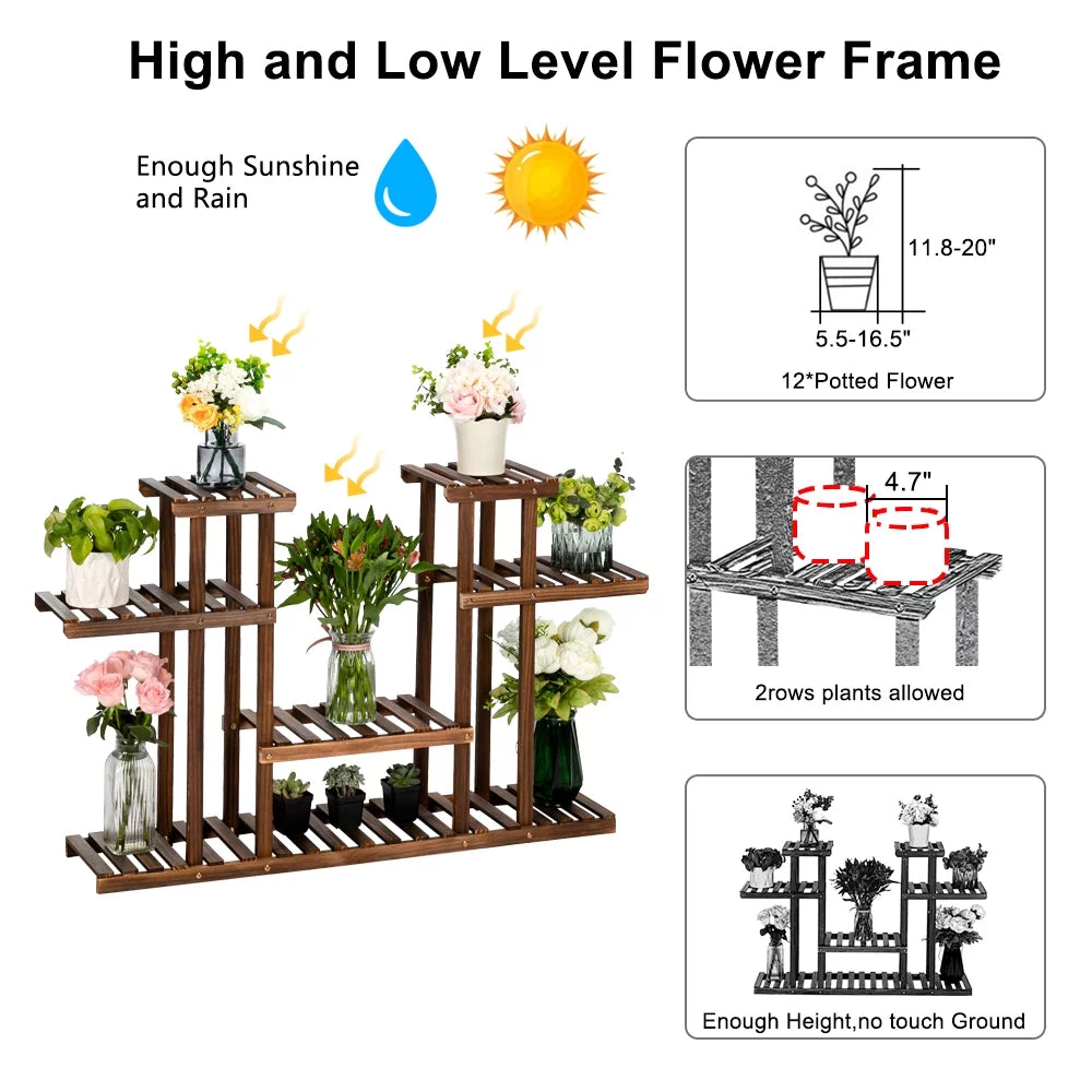 Wood Tall Tiered Plant Stand 4 Floors with 12 Seats T184