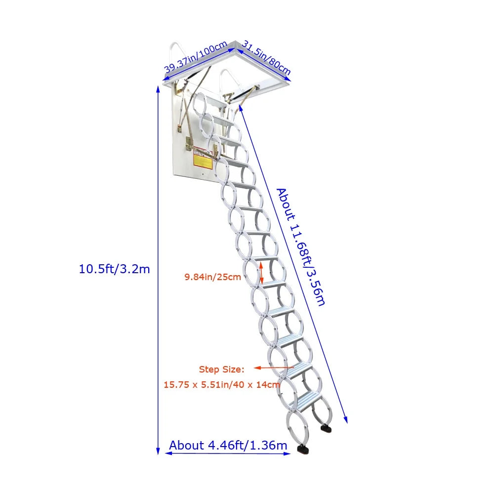 Attic Pull Down Ceiling Ladder Stairs Retractable Folding Extension Loft Stairs Ti-Mg Alloy White 31.5*39.37in Max. 10.5ft Height T35879